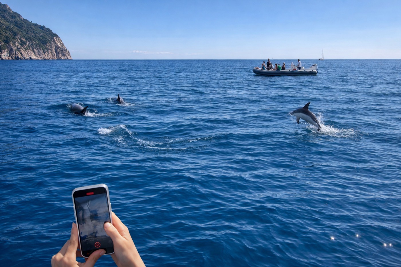 Gruppo sul gommone durante l'avvistamento delfini